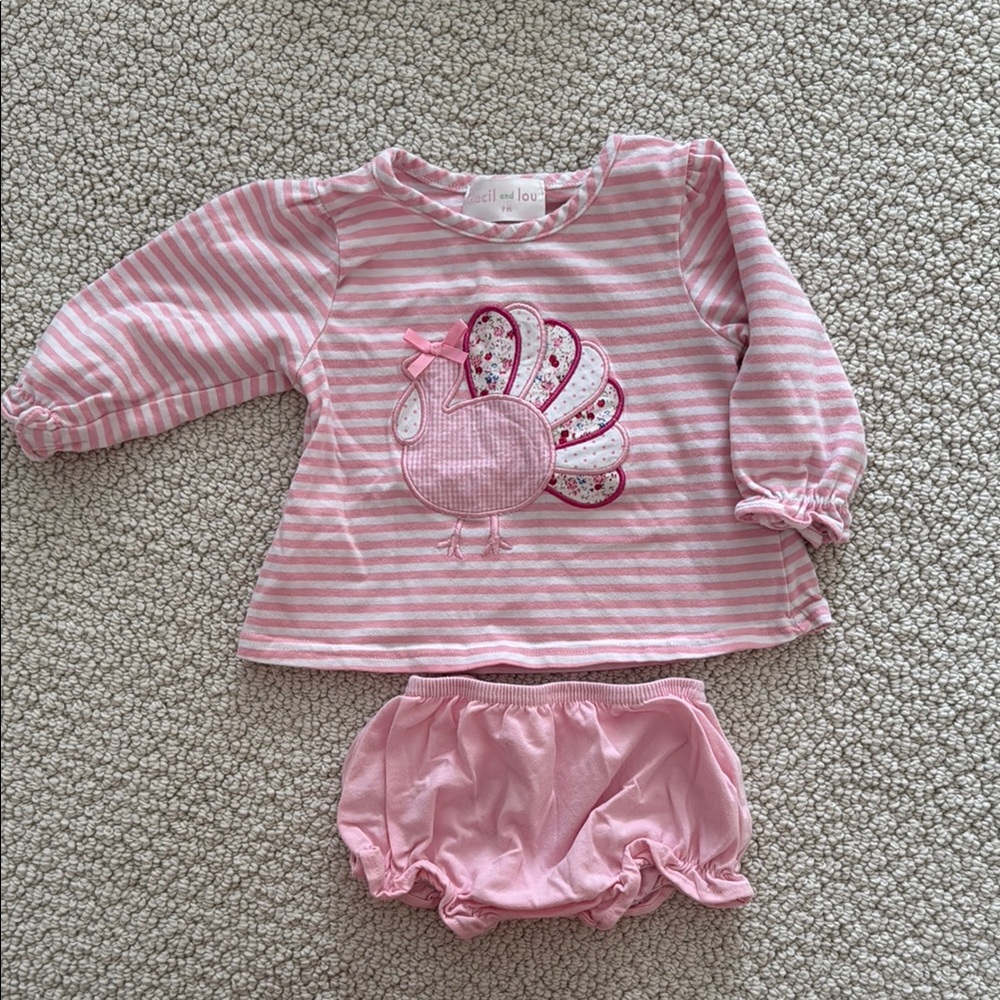 Pink Striped Baby Outfit with Turkey Appliqué